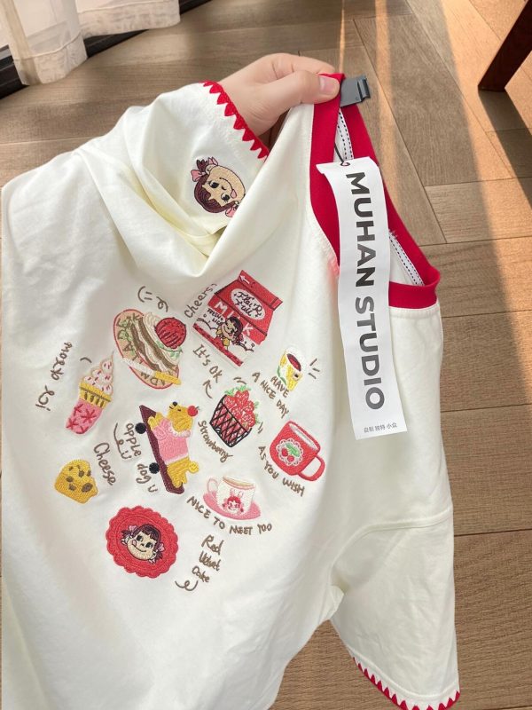 Embroidered Cartoon Color-Blocking Short-Sleeve T-Shirt for Women - Summer 2023 Trendy Cotton Top