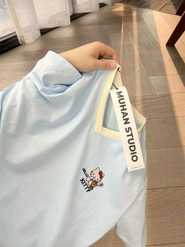 Embroidered Cartoon Color-Blocking Short-Sleeve T-Shirt for Women - Summer 2023 Trendy Cotton Top