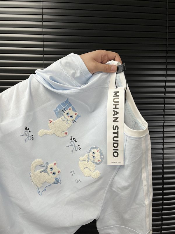Embroidered Cartoon Color-Blocking Short-Sleeve T-Shirt for Women - Summer 2023 Trendy Cotton Top
