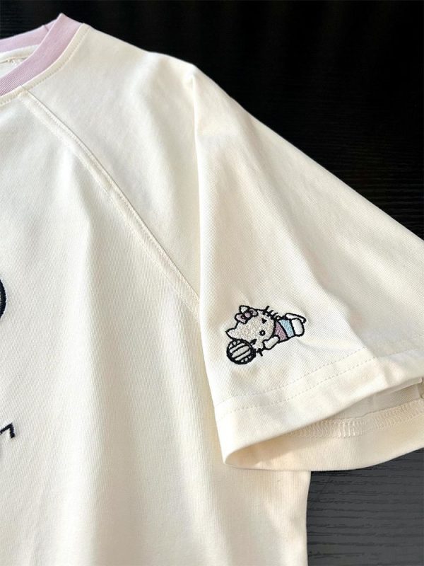 Embroidered Cartoon Color-Blocking Short-Sleeve T-Shirt for Women - Summer 2023 Trendy Cotton Top