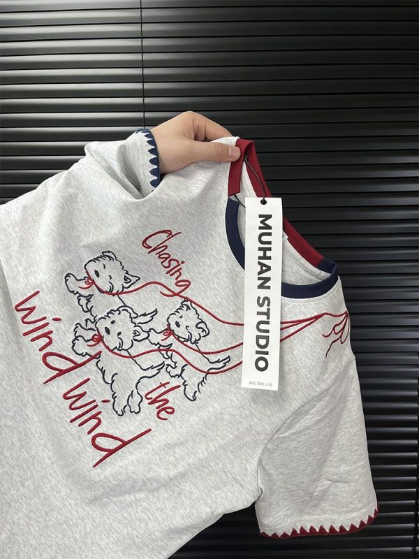 Embroidered Cartoon Color-Blocking Short-Sleeve T-Shirt for Women - Summer 2023 Trendy Cotton Top