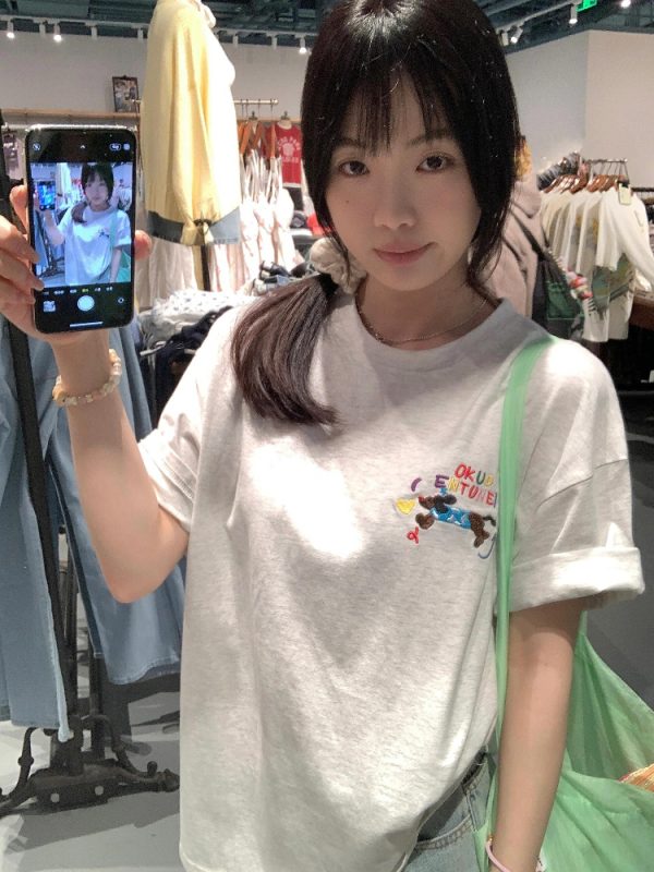 Embroidered Cartoon Heavyweight Cotton Short Sleeve T-Shirt for Women - Summer 2025 Y2K Gray Age-Reducing Top
