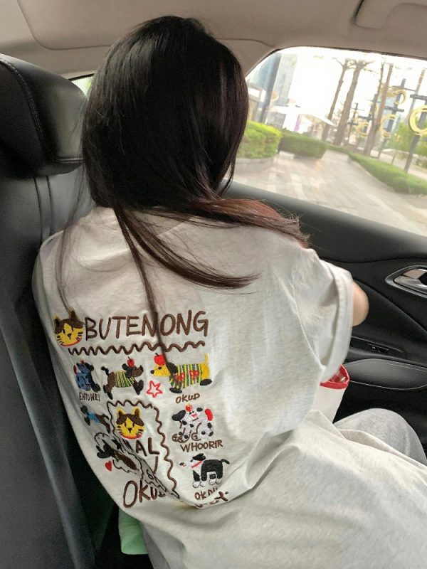 Embroidered Cartoon Heavyweight Cotton Short Sleeve T-Shirt for Women - Summer 2025 Y2K Gray Age-Reducing Top