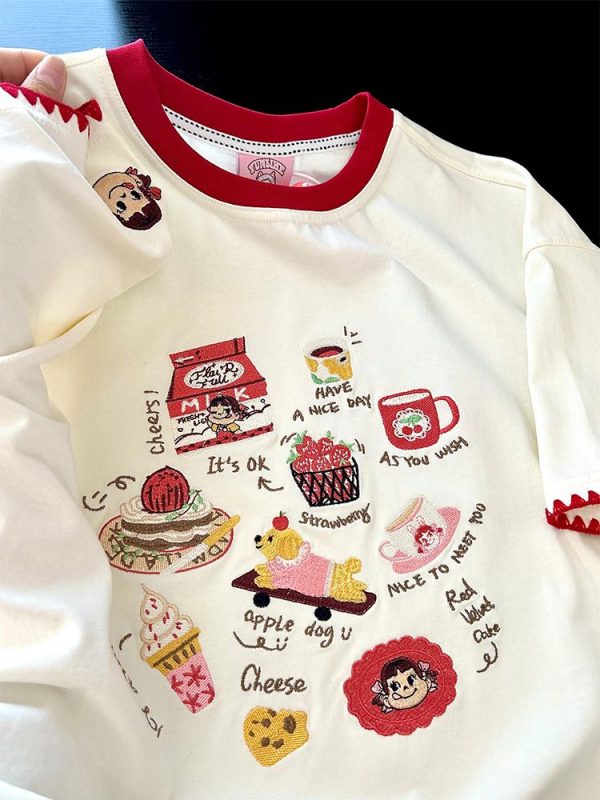 Embroidered Cartoon Milk Color Block Short Sleeve T-Shirt for Women - Trendy Apricot Patchwork Summer 2025 Style
