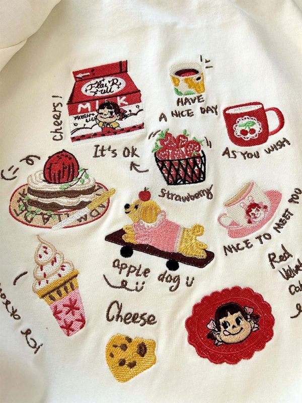 Embroidered Cartoon Milk Color Block Short Sleeve T-Shirt for Women - Trendy Apricot Patchwork Summer 2025 Style