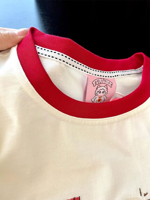 Embroidered Cartoon Milk Color Block Short Sleeve T-Shirt for Women - Trendy Apricot Patchwork Summer 2025 Style