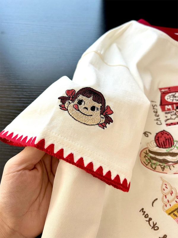 Embroidered Cartoon Milk Color Block Short Sleeve T-Shirt for Women - Trendy Apricot Patchwork Summer 2025 Style