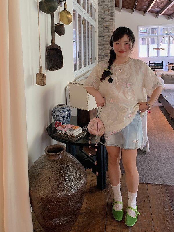 Embroidered Chinese Style Lace T-Shirt for Women, Short Sleeve Plus Size Top, Summer 2025 Fashion, Bohemian & National Wind Design