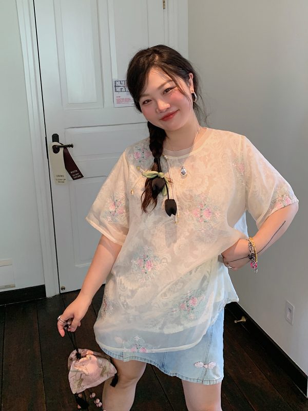 Embroidered Chinese Style Lace T-Shirt for Women, Short Sleeve Plus Size Top, Summer 2025 Fashion, Bohemian & National Wind Design