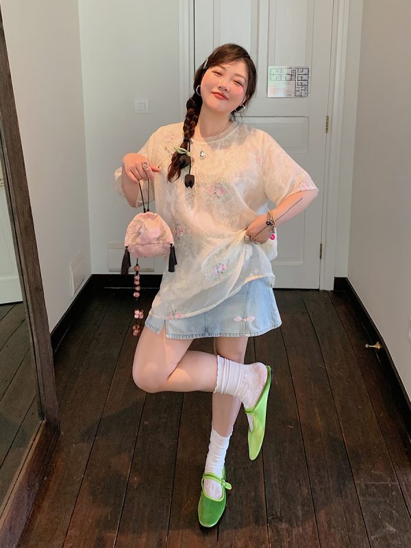 Embroidered Chinese Style Lace T-Shirt for Women, Short Sleeve Plus Size Top, Summer 2025 Fashion, Bohemian & National Wind Design