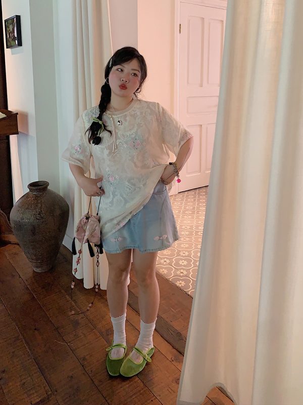 Embroidered Chinese Style Lace T-Shirt for Women, Short Sleeve Plus Size Top, Summer 2025 Fashion, Bohemian & National Wind Design