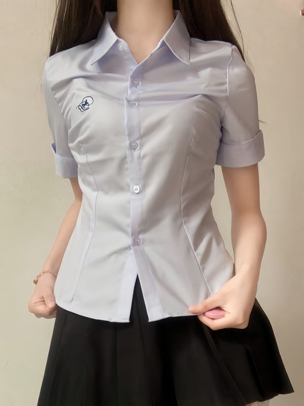 Embroidered College Style Short Sleeve Shirt - Slim Fit, Waist-Defining, Versatile White and Blue Top for Summer