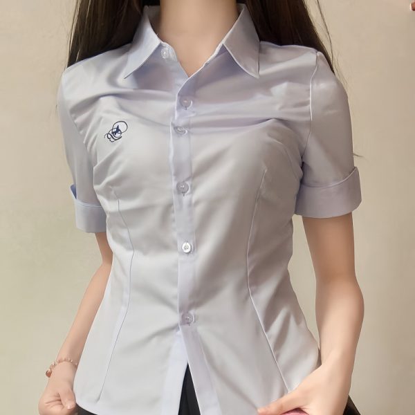 Embroidered College Style Short Sleeve Shirt - Slim Fit, Waist-Defining, Versatile White and Blue Top for Summer