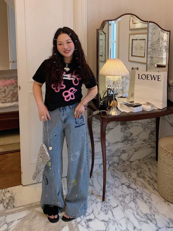 Embroidered Denim Wide-Leg Pants for Women, Plus Size, Flattering Slim Fit, Spring Summer 2025 Style, Trendy Casual Fashion