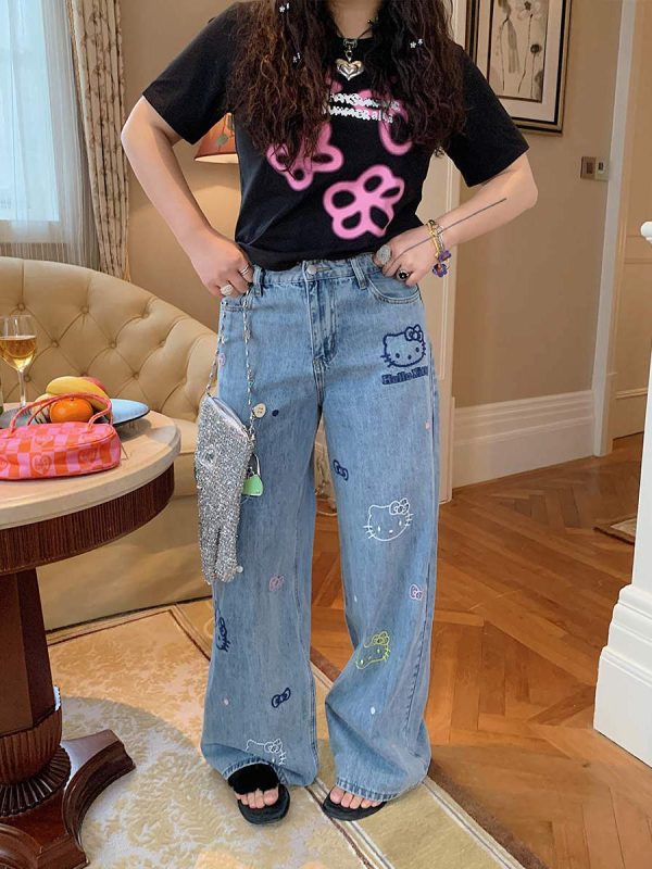 Embroidered Denim Wide-Leg Pants for Women, Plus Size, Flattering Slim Fit, Spring Summer 2025 Style, Trendy Casual Fashion