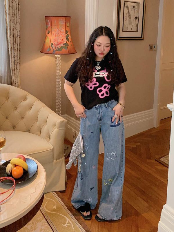 Embroidered Denim Wide-Leg Pants for Women, Plus Size, Flattering Slim Fit, Spring Summer 2025 Style, Trendy Casual Fashion