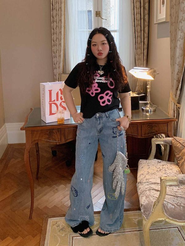 Embroidered Denim Wide-Leg Pants for Women, Plus Size, Flattering Slim Fit, Spring Summer 2025 Style, Trendy Casual Fashion