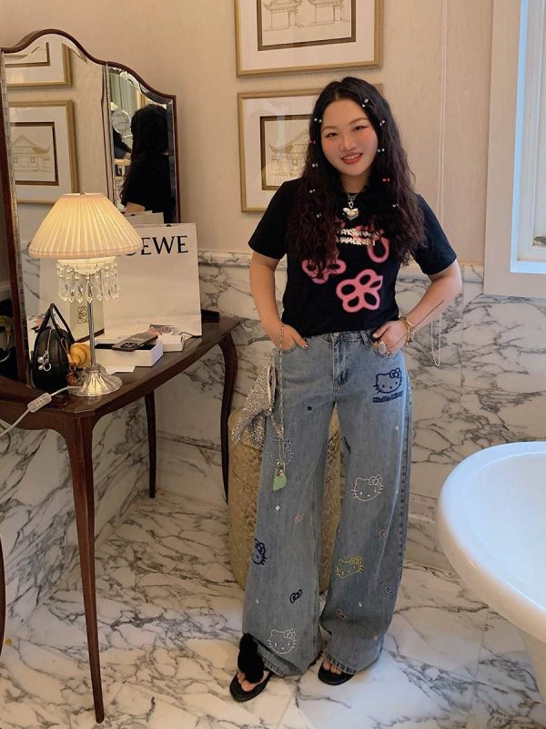 Embroidered Denim Wide-Leg Pants for Women, Plus Size, Flattering Slim Fit, Spring Summer 2025 Style, Trendy Casual Fashion