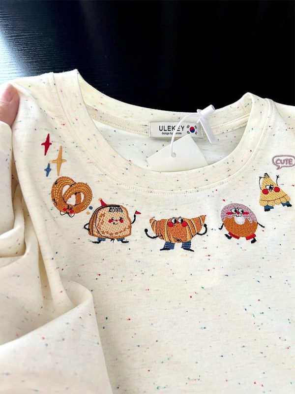 Embroidered Dessert Peach Cotton Short Sleeve T-Shirt for Women - Unique Cartoon Shoulder Top, Summer 2025 Fashion