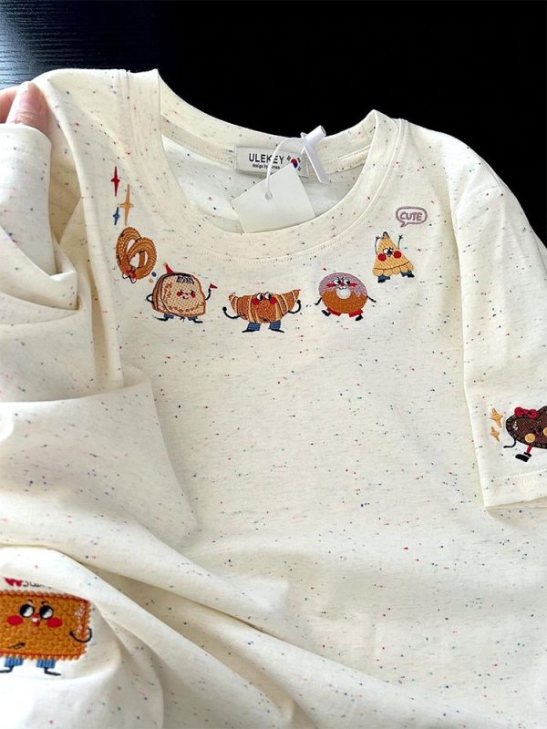 Embroidered Dessert Peach Cotton Short Sleeve T-Shirt for Women - Unique Cartoon Shoulder Top, Summer 2025 Fashion