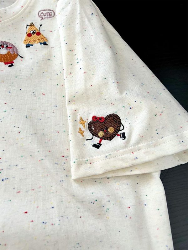 Embroidered Dessert Peach Cotton Short Sleeve T-Shirt for Women - Unique Cartoon Shoulder Top, Summer 2025 Fashion