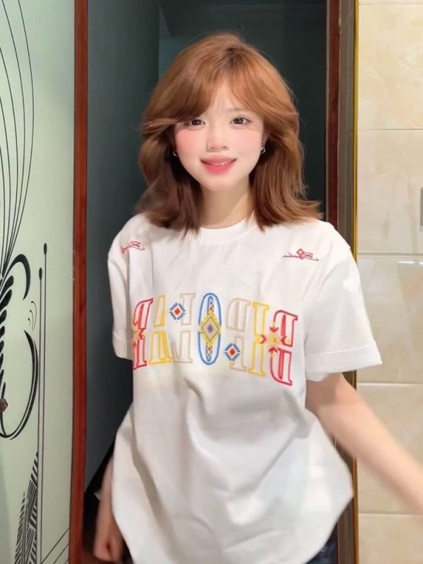 Embroidered Ethnic Style Letter Short Sleeve T-Shirt for Women - Summer 2023 Heavyweight Pure Cotton Casual Top