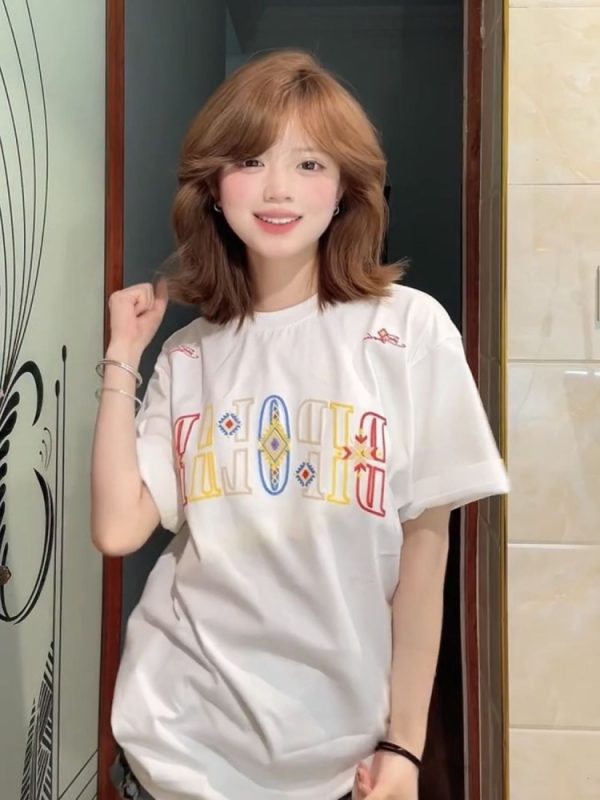 Embroidered Ethnic Style Letter Short Sleeve T-Shirt for Women - Summer 2023 Heavyweight Pure Cotton Casual Top