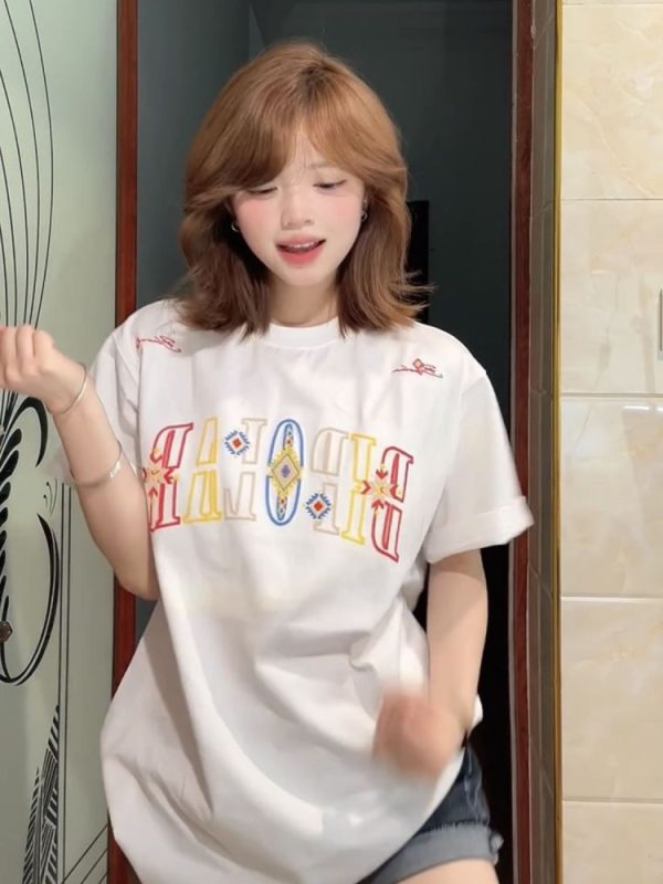 Embroidered Ethnic Style Letter Short Sleeve T-Shirt for Women - Summer 2023 Heavyweight Pure Cotton Casual Top
