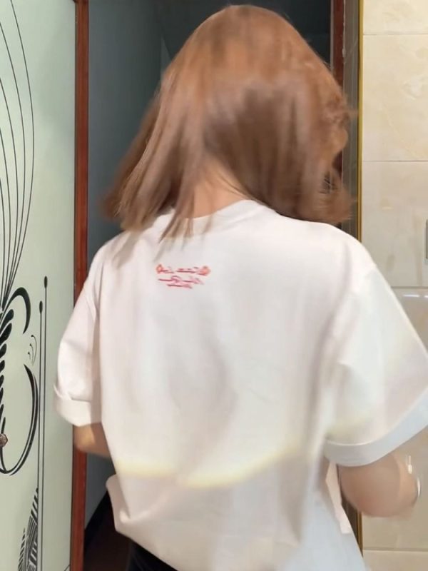 Embroidered Ethnic Style Letter Short Sleeve T-Shirt for Women - Summer 2023 Heavyweight Pure Cotton Casual Top