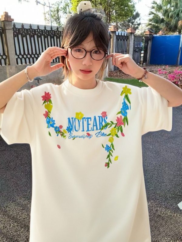 Embroidered Floral Heavyweight Short-Sleeve T-Shirt for Women - Summer 2025 Trendy Couple's Top, Y2K Style
