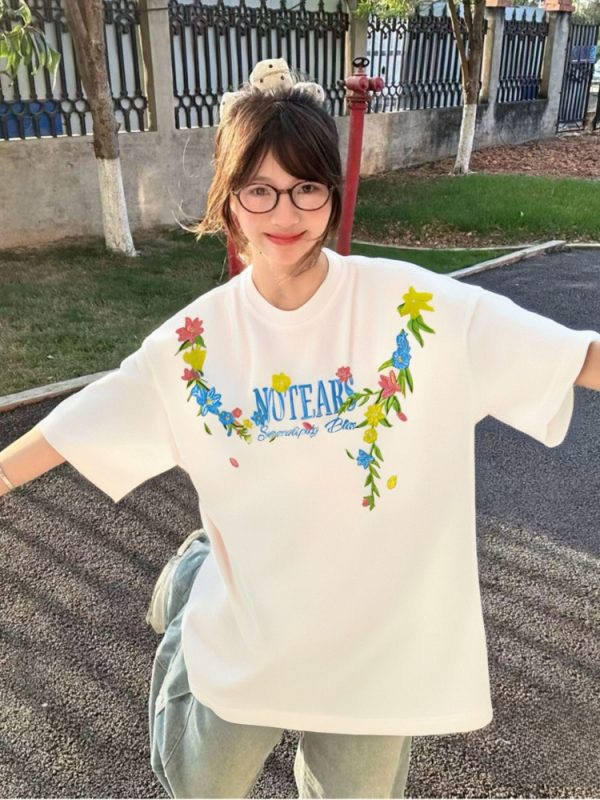 Embroidered Floral Heavyweight Short-Sleeve T-Shirt for Women - Summer 2025 Trendy Couple's Top, Y2K Style