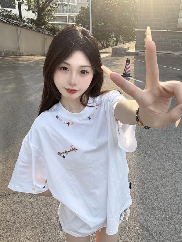 Embroidered Floral Letter Heavyweight Short Sleeve T-Shirt for Women - Summer 2025 Trendy Couple's Top, Unique and Stylish