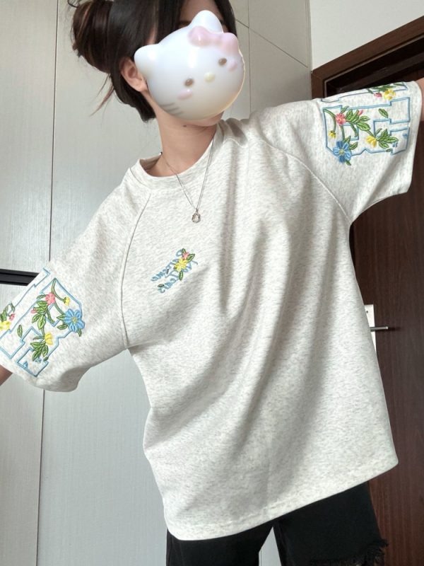 Embroidered Floral Letter Short Sleeve T-Shirt for Girls - Summer 2025 Trendy Raglan Top for Middle & High School Students
