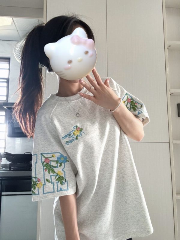 Embroidered Floral Letter Short Sleeve T-Shirt for Girls - Summer 2025 Trendy Raglan Top for Middle & High School Students