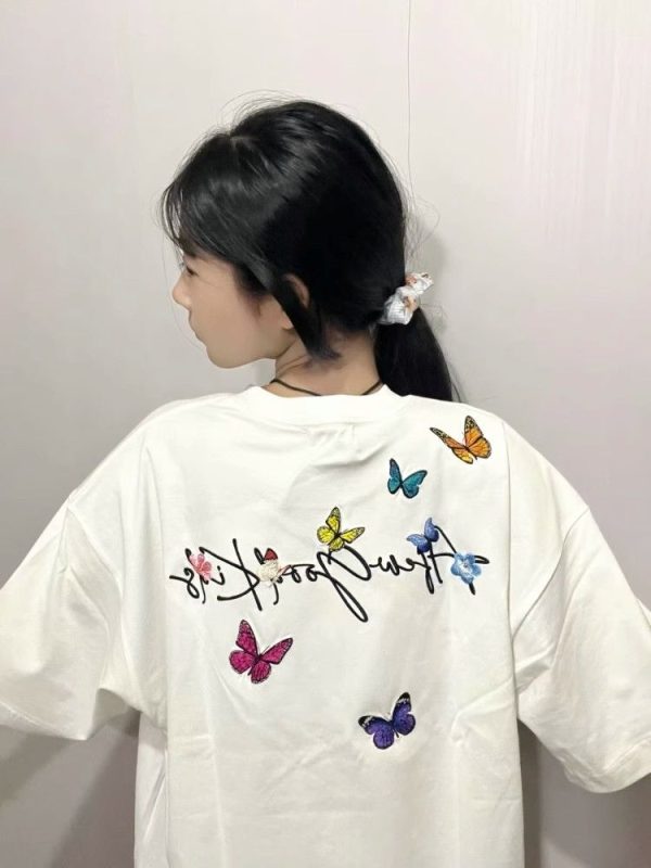 Embroidered Flying Butterfly Short Sleeve T-Shirt for Women, Summer Cotton Top, Unique Couple Outfit, Trendy Y2K Style