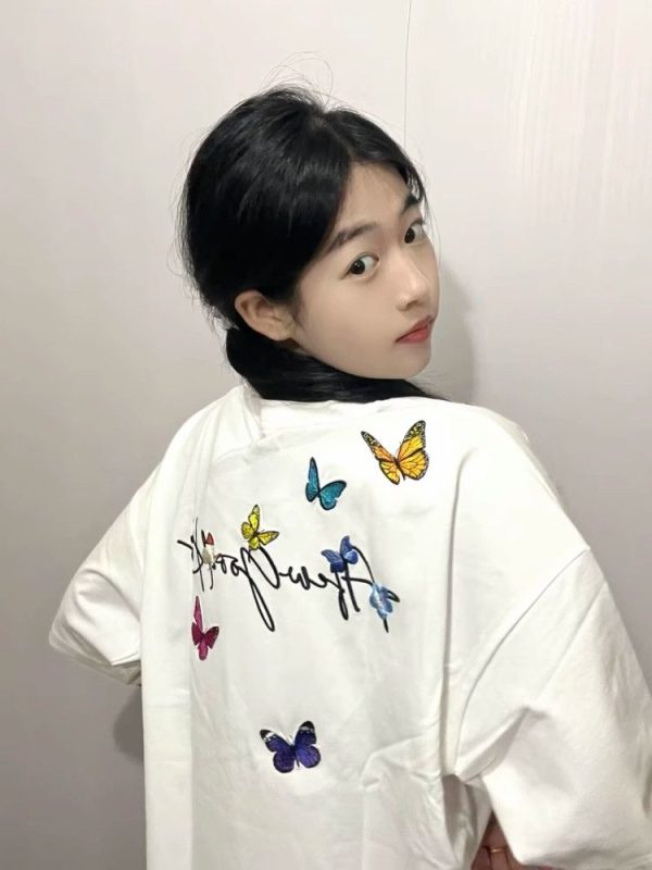 Embroidered Flying Butterfly Short Sleeve T-Shirt for Women, Summer Cotton Top, Unique Couple Outfit, Trendy Y2K Style