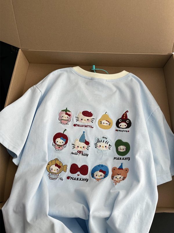 Embroidered Kitty Cat V-Neck Short Sleeve T-Shirt for Women - Unique Cartoon Design, Summer Style, Cute & Cool Girl Fashion