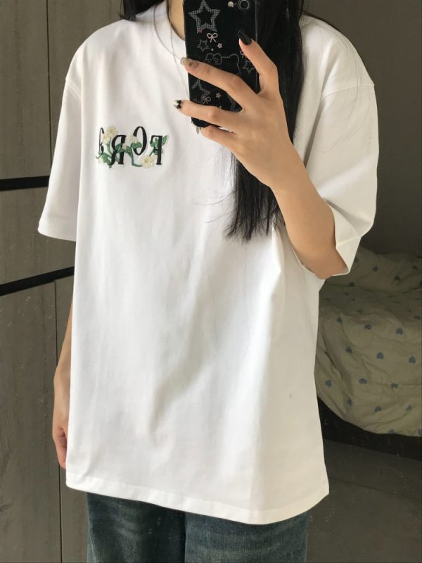 Embroidered White Magnolia Floral Short Sleeve T-Shirt for Women, Summer 2023 High-End Couples Top, Trendy Fashion Statement
