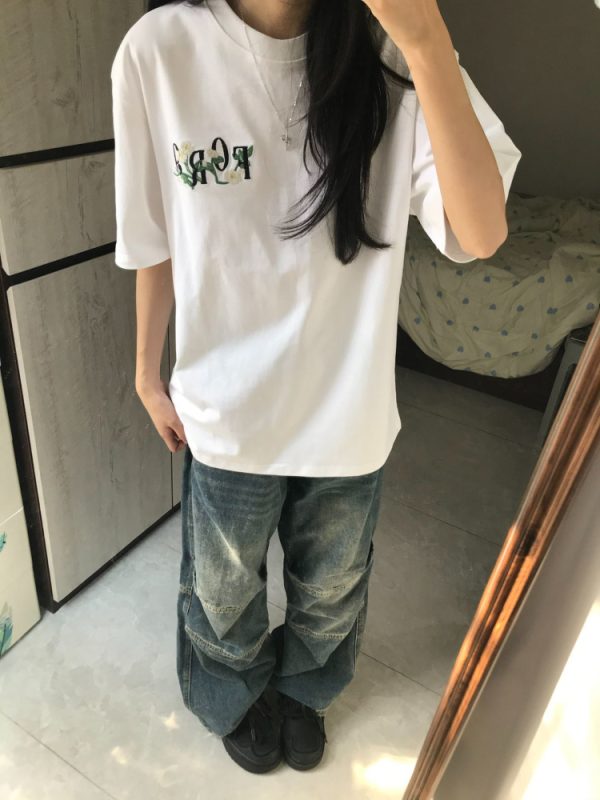 Embroidered White Magnolia Floral Short Sleeve T-Shirt for Women, Summer 2023 High-End Couples Top, Trendy Fashion Statement