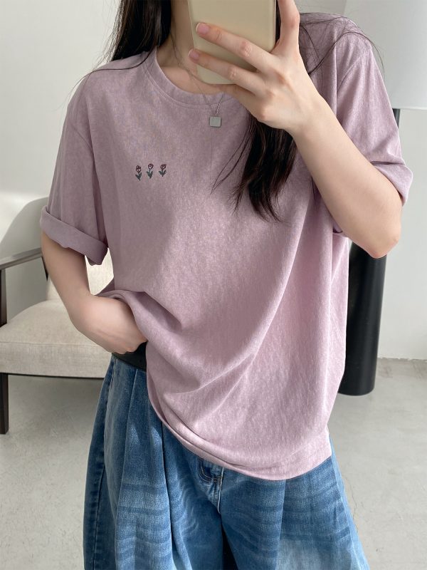 Energetic Rose Print Cotton T-shirt in Japanese Style with Sun Grapefruit and Snowflake Design - Loose Casual Versatile Top
