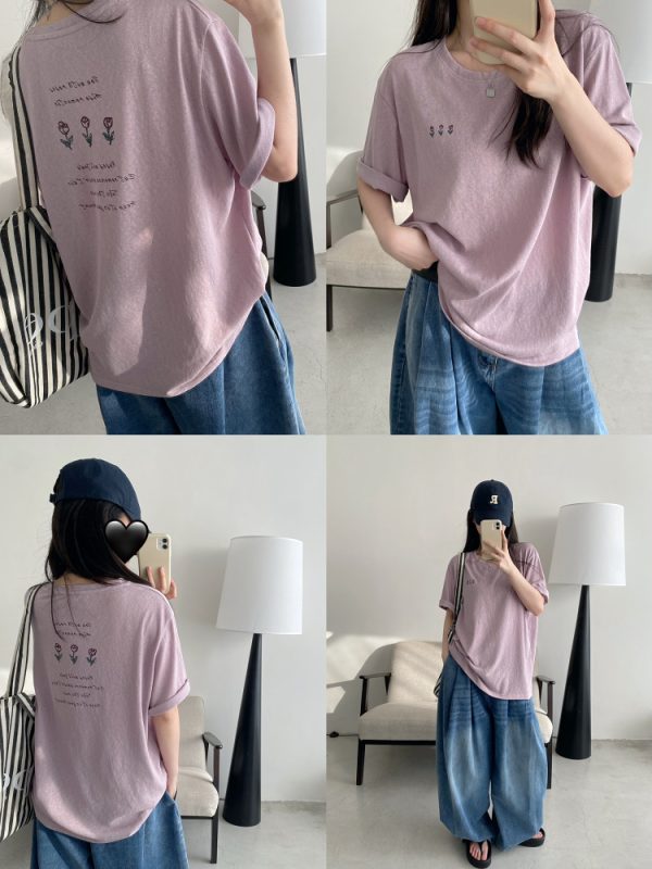 Energetic Rose Print Cotton T-shirt in Japanese Style with Sun Grapefruit and Snowflake Design - Loose Casual Versatile Top