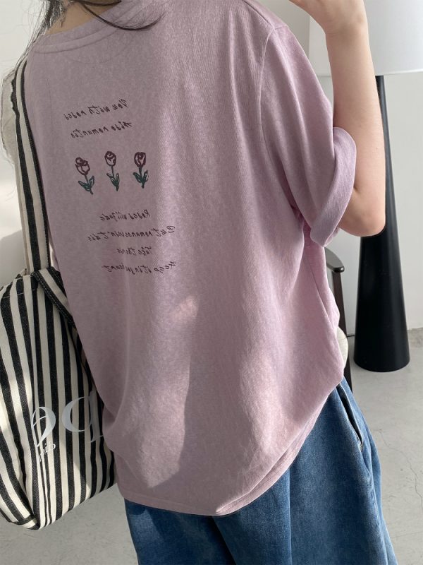 Energetic Rose Print Cotton T-shirt in Japanese Style with Sun Grapefruit and Snowflake Design - Loose Casual Versatile Top