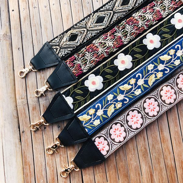 Ethnic Style Embroidered Wide Strap Bag Accessory - Adjustable Shoulder and Crossbody Strap for Versatile Use