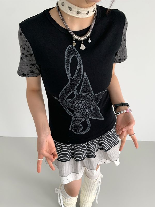 Faded Multicolor Printed T-Shirt for Women - Summer Spliced Flutter Sleeve Short Sleeve Top in Black, White, and Gray