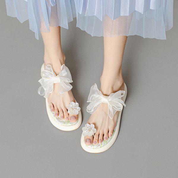 Fairy Style Thick-Soled Flower Bow Open-Toe Slippers One-Strap Sandals for Women - Versatile Outdoor Wear