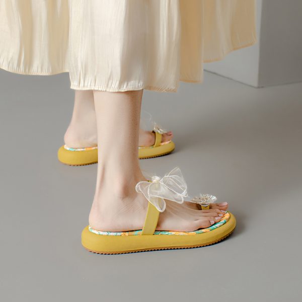 Fairy Style Thick-Soled Flower Bow Open-Toe Slippers One-Strap Sandals for Women - Versatile Outdoor Wear
