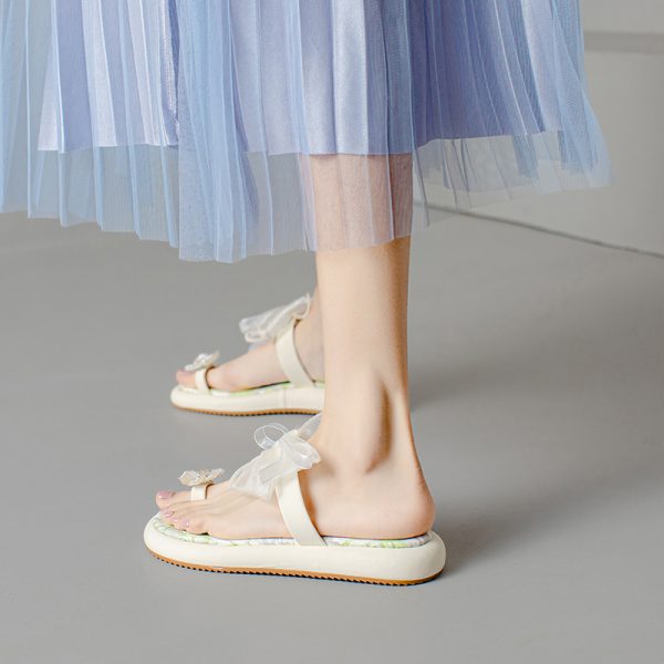 Fairy Style Thick-Soled Flower Bow Open-Toe Slippers One-Strap Sandals for Women - Versatile Outdoor Wear