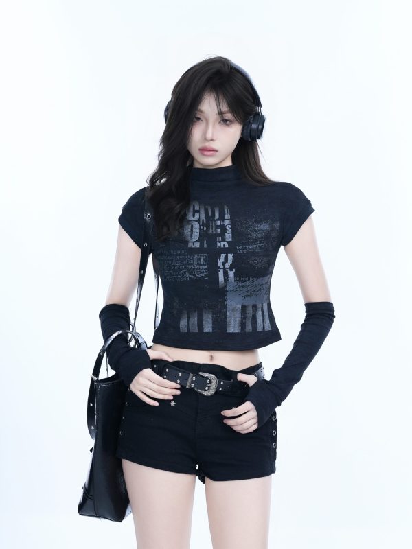 Fitted Cropped Short Sleeve T-Shirt for Women - Spicy Girl Design with Half High Neck, Perfect for Layering, Trendy Style