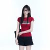 Fitted Red Short-Sleeve T-Shirt for Women - American Retro Style with Sit and Eat Until the Mountains Are Empty Print, Slimming Round Neck Design