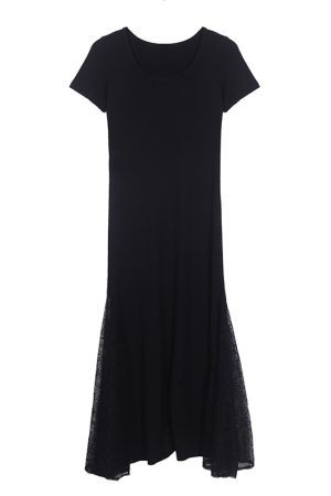 Fitted Spliced Short-Sleeve Dress, Modal, Slimming Lace Round Neck, Black Long Dress, 2025 Summer Style, European American Fashion